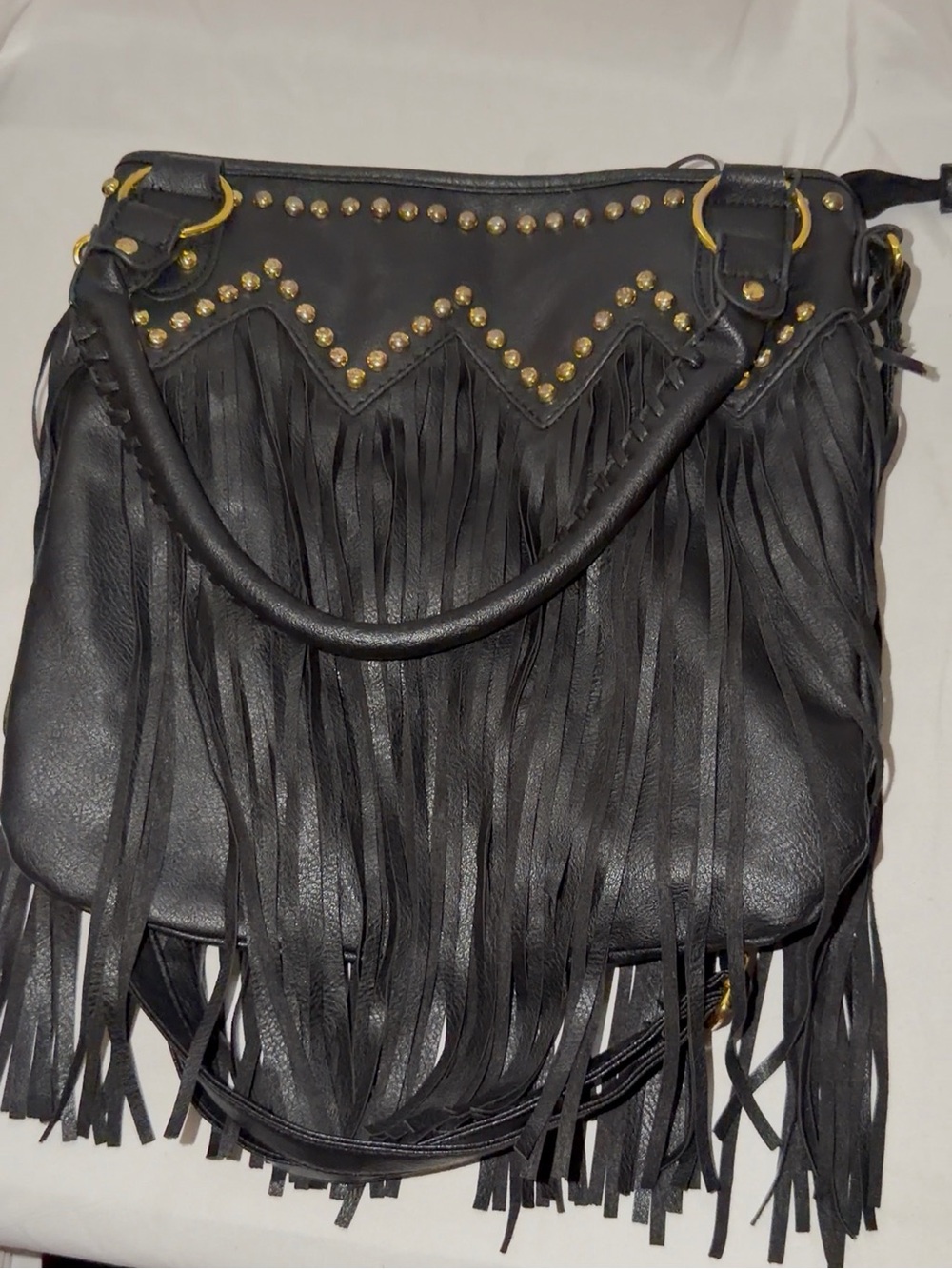 Black Fringe Studded Shoulder Bag Purse Zip Top Heart Charm Gold Hardware